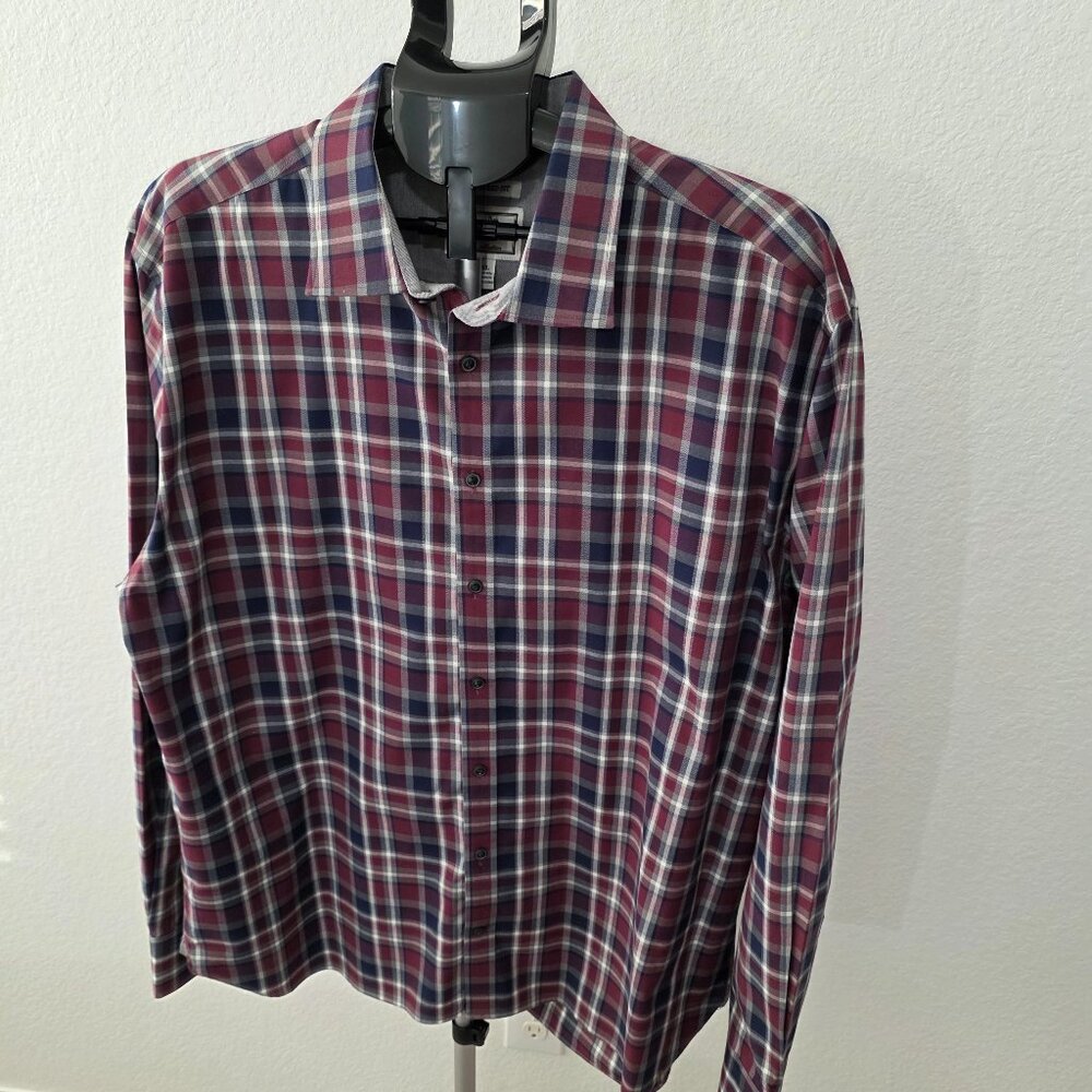 JOS. A. BANK TAILORED FIT 1905 MEN XXL MAROON, NAVY AND GRAY PLAID LONG SLEEVE